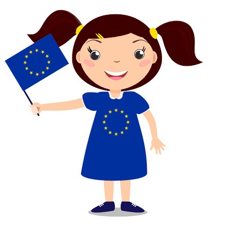image femme avec un drapeau européen et une robe au couleur de l'Union européenne (bleue avec des étoiles jaunes)