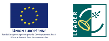 Logo Union européenne avec mention "Fonds européen pour le développement rural, L'Europe investit dans les zones rurales" et logo LEADER"