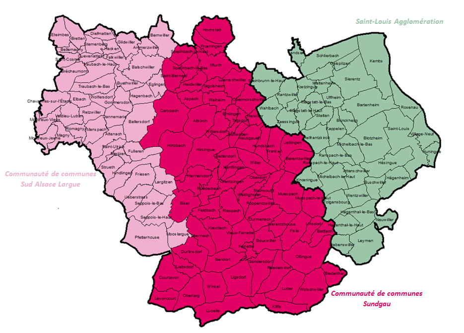 Carte des communautés de communes Sud Alsace Largue et Sundgau et de la communauté d'agglomération de Saint-Louis, avec les 148 communes qui les composent